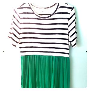 Striped mini dress w/ green skirt.